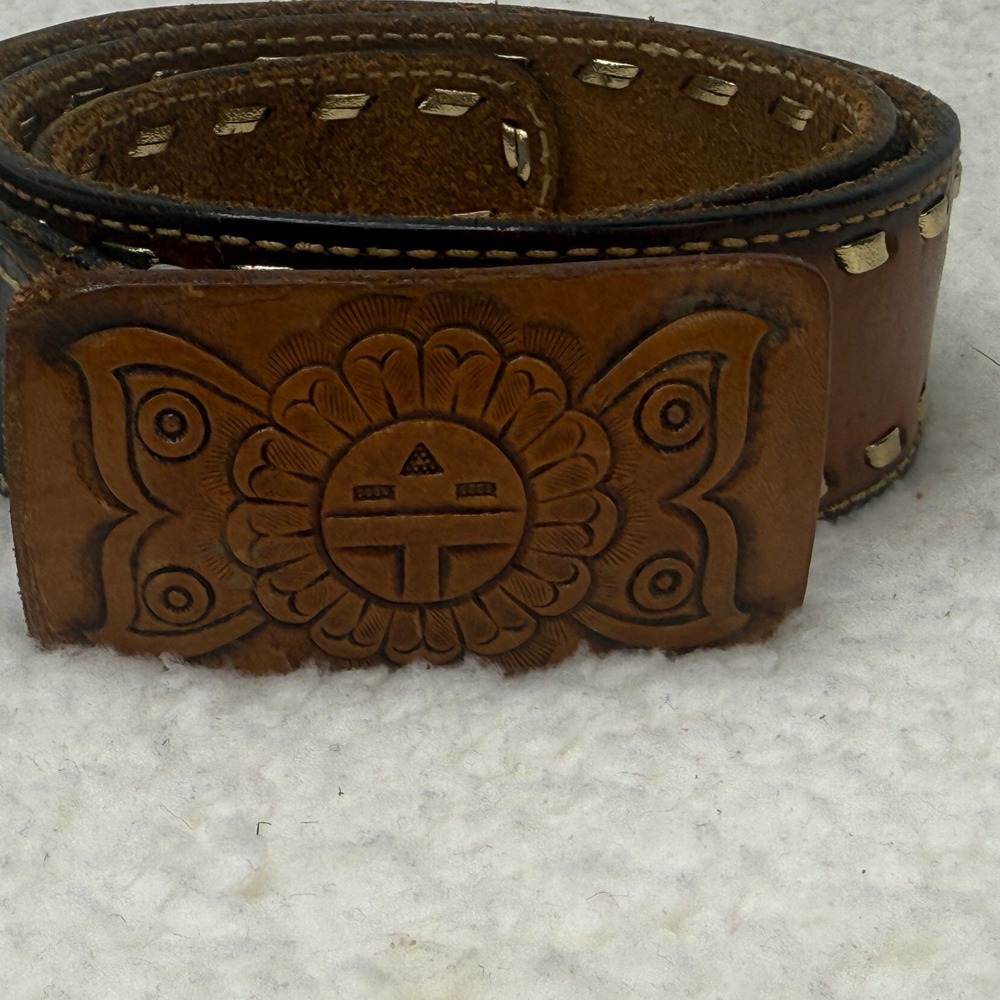 Vintage Hand Tooled Leather Belt Brown Southwestern Sunburst KING Ranch Wear M L - Picture 2 of 13